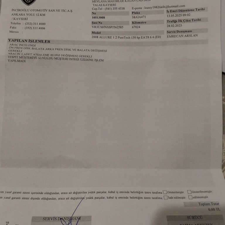 Peugeot 2008 Bakımında Eksik Hizmet Ve Mağduriyet