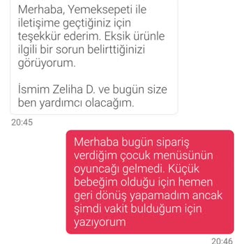Eksik Gönderilen Çocuk Menüsü Ve Yetersiz Müşteri Hizmetleri