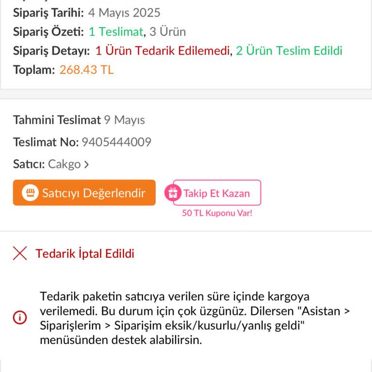 Sipariş Ettiğim Terliğin Biri Gönderilmedi, Satıcıdan Yanıt Alamıyorum