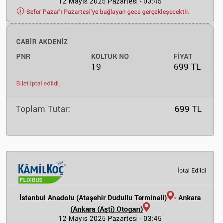 İptal Edilen Biletlerin Ücreti İade Edilmedi, Müşteri Hizmetleri Yanıt Vermiyor