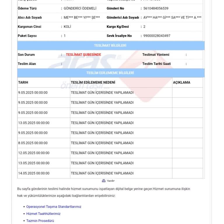 Aras Kargo Teslimat Gecikmesi ve Yetersiz Bilgilendirme