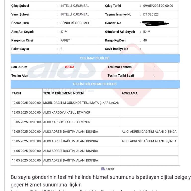 Aras Kargo, Eksik Bilgi Gerekçesiyle Ürünümü Teslim Etmeden İade Etti