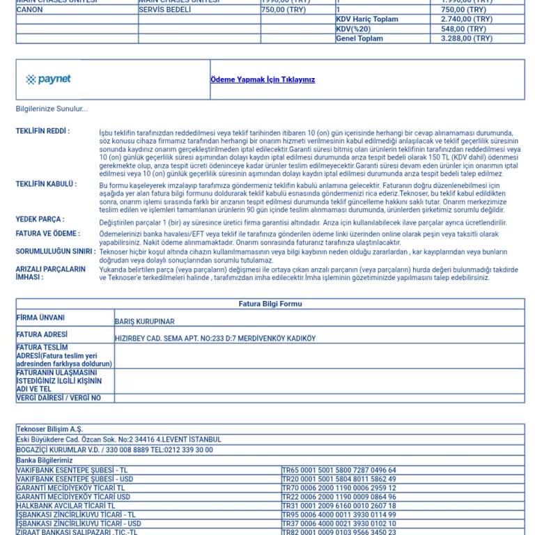 Garanti Kapsamındaki Yazıcıya Yüksek Onarım Ücreti Talebi
