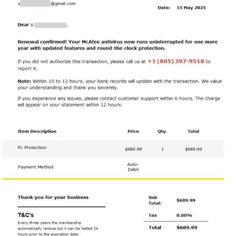 Mcafee Adı Kullanılarak Onayım Dışında Abonelik Ve Ödeme Bildirimi