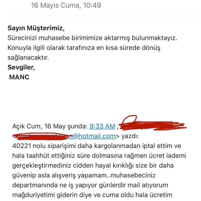 Manc Sipariş İptali Sonrası Para İadesi Yapılmadı