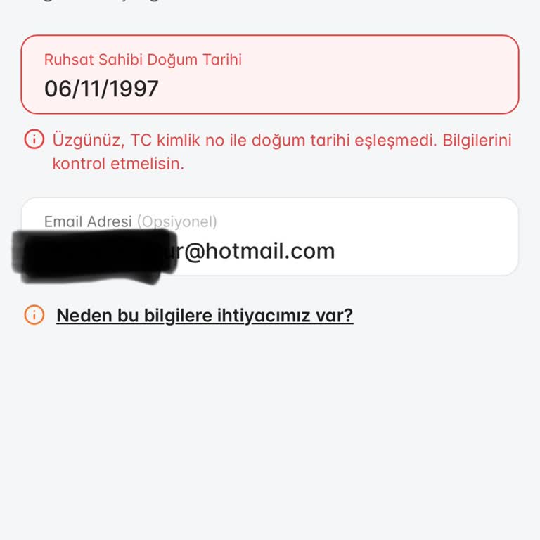 Teklif Alırken TCKN Ve Doğum Tarihi Eşleşmeme Hatası