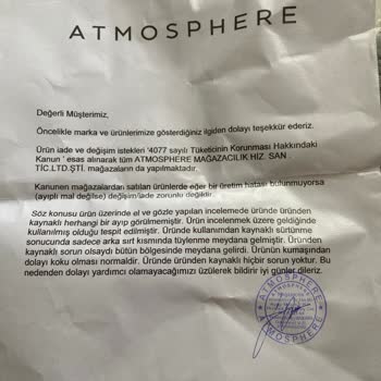 Atmosphere Mağazasından Alınan Ürünlerde Kalite Ve Müşteri Hizmetleri Sorunu