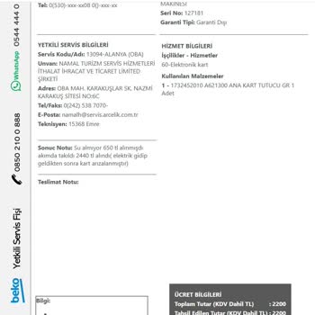 Beko Yetkili Servisinde Fatura Ve Ücretlendirme Sorunu