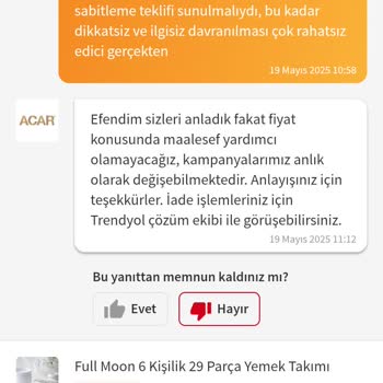 Yemek Takımı İadesi Sonrası Fiyat Farkı Ve İlgisiz Müşteri Hizmetleri Mağduriyeti
