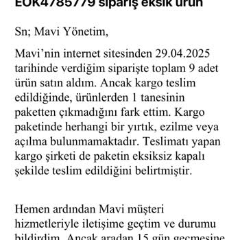 Eksik Gönderilen Ürün Ve Çözülmeyen Müşteri Hizmetleri Sorunu