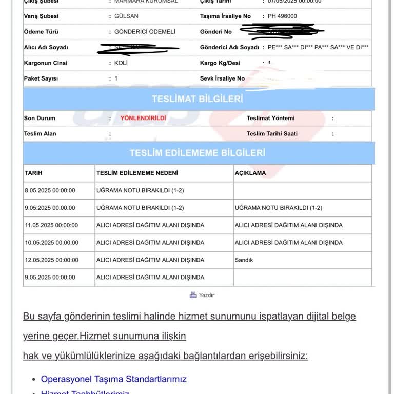 Kargo Teslim Edilmeden Geri Gönderiliyor Ve Bilgi Yanıltıcı