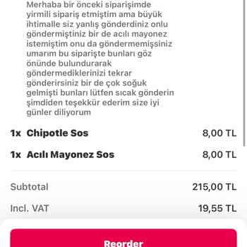 Üst Üste Eksik Ve Soğuk Gelen Siparişlere Çözüm Bekliyorum