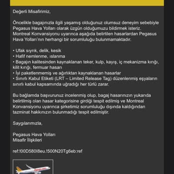 Pegasus, Kırılan Bavulun Sorumluluğunu Üstlenmedi Ve Zararı Karşılamadı