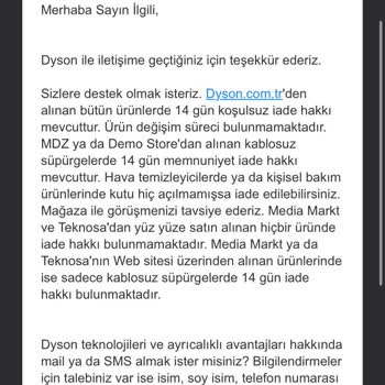 Dyson Müşteri Hizmetleri Ürün Değişiminde Yardımcı Olmuyor Ve Bilgi Vermiyor