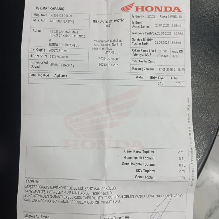 Garantili Honda PCX'in Rulman Arızasında Bayiden Ret Cevabı