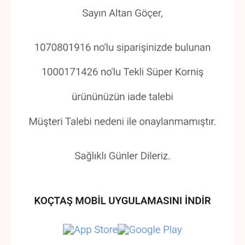 Yanlış Gönderilen Korniş Ve İade Talebinin Reddedilmesi