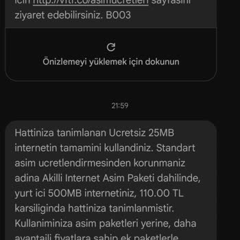 Hediye İnternetim Varken Aşım Ücreti Yansıtıldı