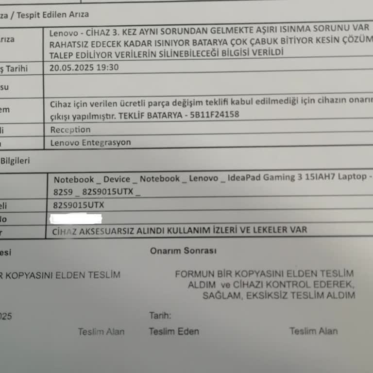 Lenovo BDH Teknik Servisinde Batarya Garanti Süresi Mağduriyeti