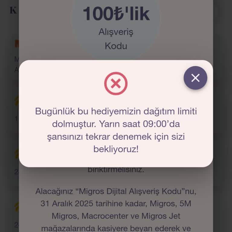 Bizce Uygulamasında Migros Çeki Dağıtımında Saat Ve Limit Sorunu