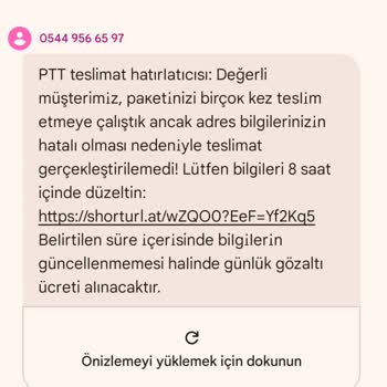 Short URL PTT Adına Gelen Şüpheli Mesaj Ve Sahte Site Uyarısı