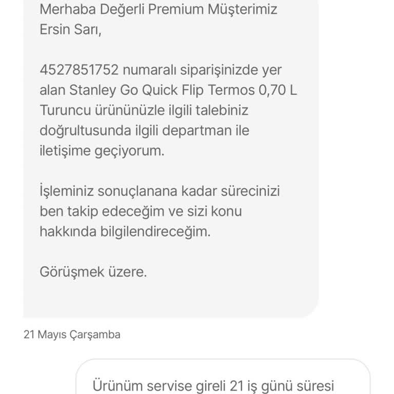 Servise Gönderilen Termos 22 İş Günü Geçmesine Rağmen Teslim Edilmedi