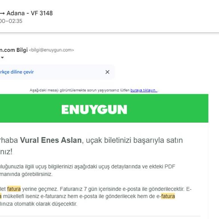 Enuygun'dan Alınan Uçak Bileti Faturası 15 Gündür Gönderilmedi