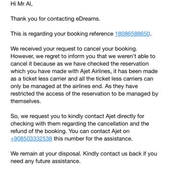 Ich habe über eDreams bei Ajet gebucht, Ticket stornieren unmöglich