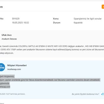 Değişen Anakart İçin Yeni Fatura Talebim Karşılanmıyor