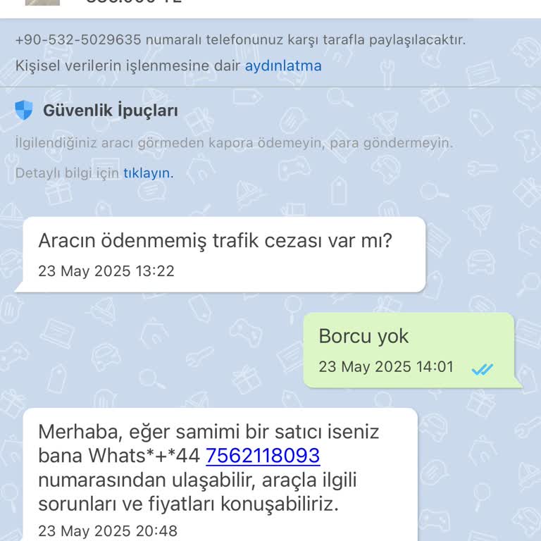 Sahibinden İlanında Şüpheli Mesaj Ve WhatsApp İletişimi