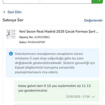 Sipariş Edilen Çocuk Forması Yanlış Bedenle Gönderildi, Satıcıdan Yanıt Yok