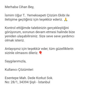 Yemeksepeti Müşteri Hizmetleri Aynı Cevabı Tekrar Verip Şikayetimi Kapatıyor