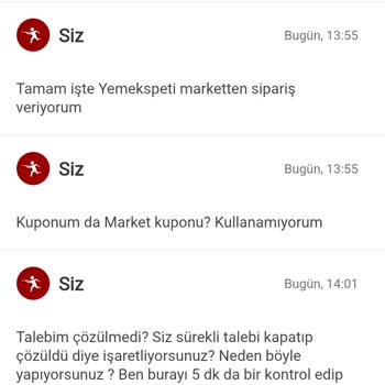 Yemeksepeti Müşteri Hizmetleri Aynı Cevabı Tekrar Verip Şikayetimi Kapatıyor