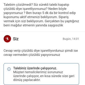 Yemeksepeti Müşteri Hizmetleri Aynı Cevabı Tekrar Verip Şikayetimi Kapatıyor
