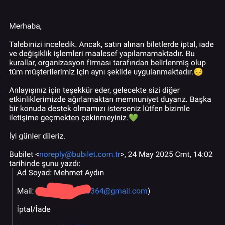 Bubilet.com'dan Bilet İptali Ve İade Talebimin Haksız Reddi