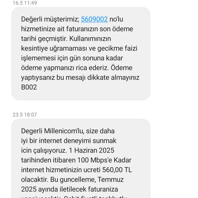 Millenicom'da Ani Ve Yüksek Fatura Artışı Mağduriyeti