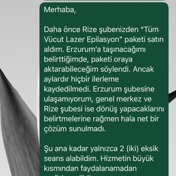 Lazer Epilasyon Paketimin Aktarımı Yapılmadı, Şikayetim Dikkate Alınmıyor