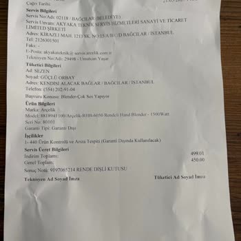 Arçelik Servisinde Garanti Kapsamı Dışında Ücret Talebiyle Karşılaştım