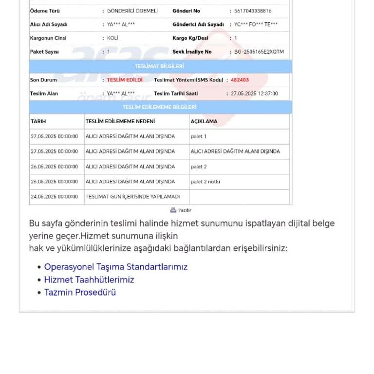 Teslimat Alanı Dışına Çıkarılan Kargom İçin Bilgilendirme Yapılmadı
