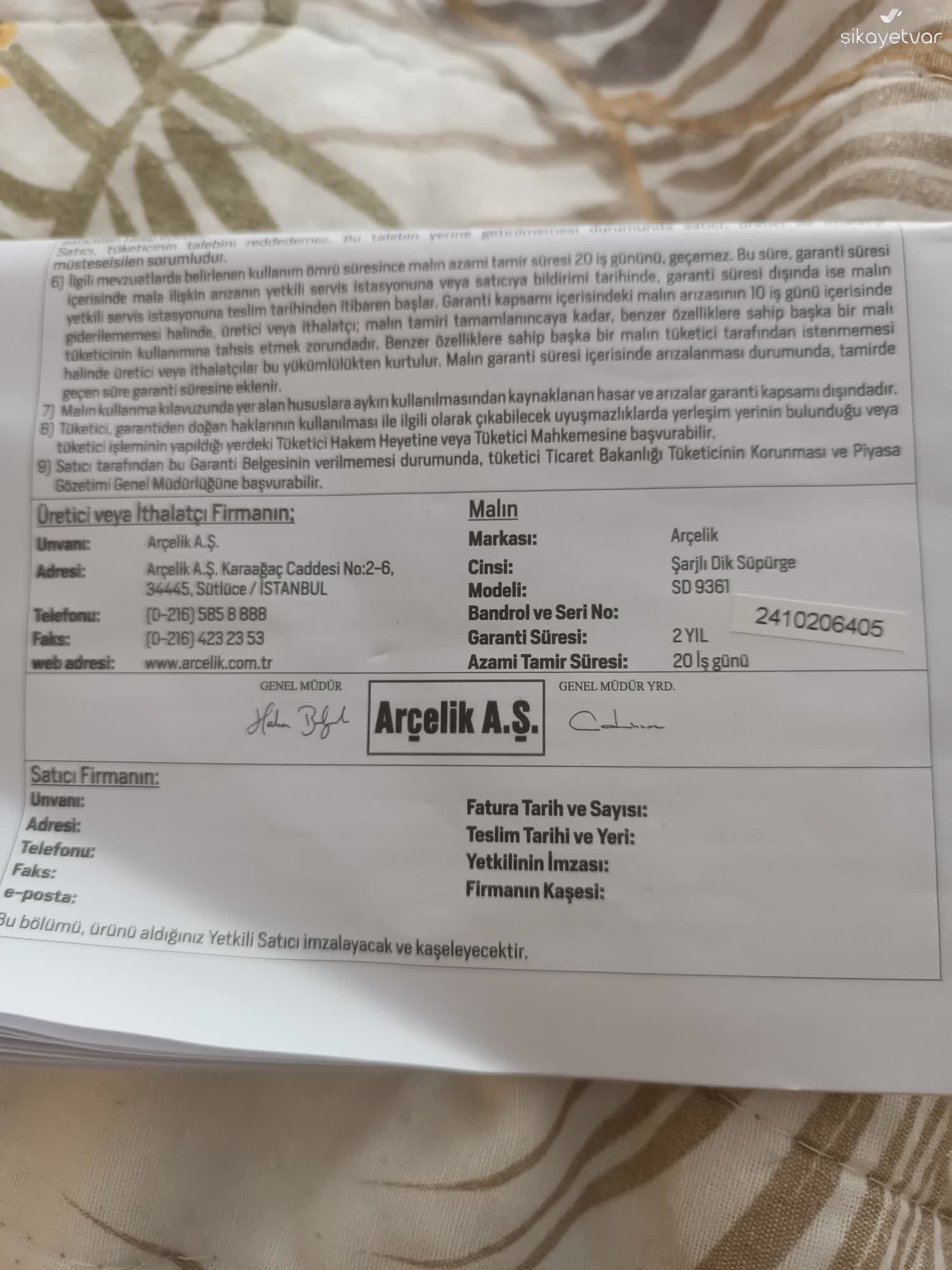 ARISAページ Arçelik Dikey Süpürgede Tekrarlayan Arıza Ve Yetersiz Servis