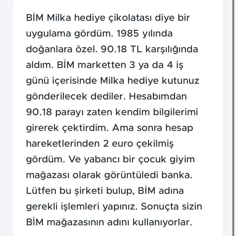 BİM Adına Milka Çikolata Seti Vaadiyle Hesabımdan Para Çekildi