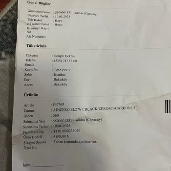 Adidas Ayakkabıda Kısa Sürede Taban Sökülmesi Ve İade Talebinin Reddedilmesi