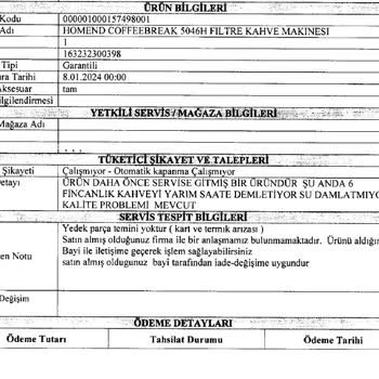 Homend Kahve Makinesinde Sürekli Arıza Ve Yedek Parça Sorunu