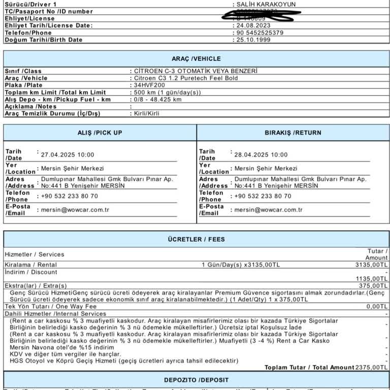 Wow Car Mersin Şubesi Kapora İadesini Bir Aydır Yapmıyor