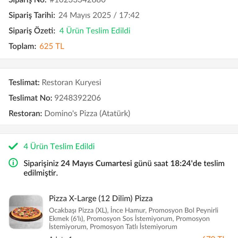 Trendyol GO Üzerinden Domino's Pizza Siparişinde Fiş Gönderilmemesi Ve Vergi Endişesi
