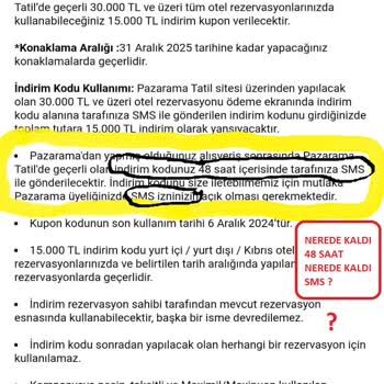 Pazarama Tatil Hediye Kodu Kampanyasında SMS Gönderilmemesi Ve Süre Aşımı