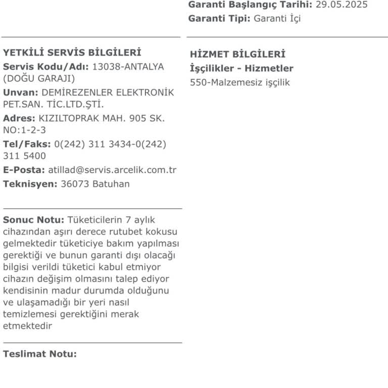 Kurutma Makinesinde Sürekli Küf Kokusu Ve Yetersiz Servis Bilgilendirmesi