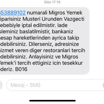 Migros Yemek Sipariş İadesi Yapılmadı Müşteri Hizmetleri Çözüm Sunmuyor