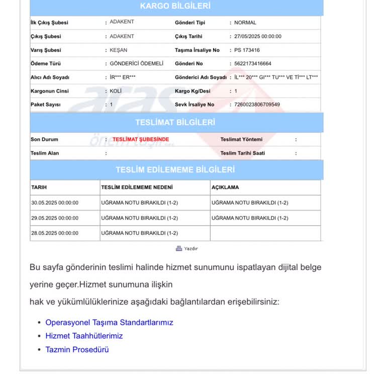 Aras Kargo Keşan Şubesi Teslimat Sorunu Ve İletişim Eksikliği