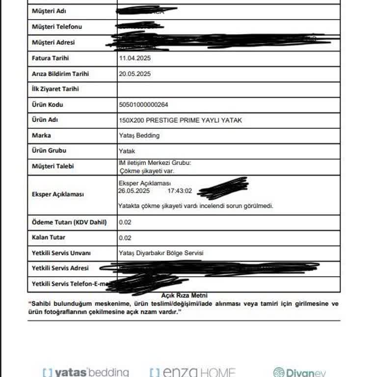 Yataş Yatakta 1 Ayda Çökme Ve Servis Cevabındaki Tutarsızlık