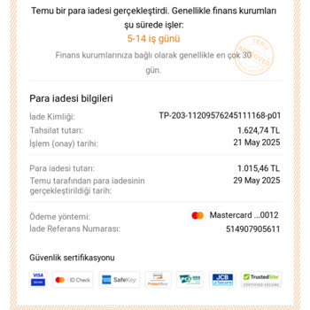 Temu'dan Yapılan İade İşleminde Eksik Ücret İadesi Ve Yanıltıcı Bilgilendirme
